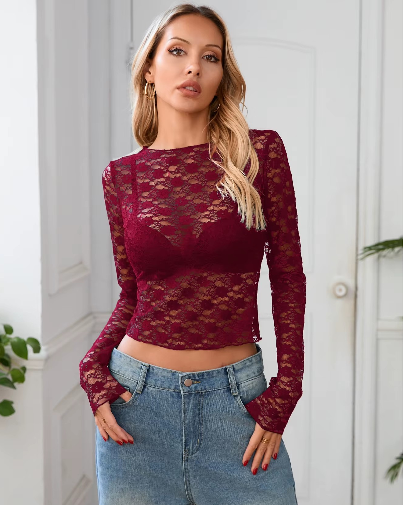 Dulzura Haut en Dentelle Transparent à Manches Longues - Top Court Moulant Sexy Uni pour Femme - T-Shirt pour Soirée, Club, Printemps, Été