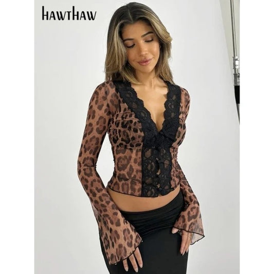 Hawthaw femmes 2025 printemps été à manches longues fête Club Streetwear léopard culture hauts t-shirts articles en gros pour les affaires